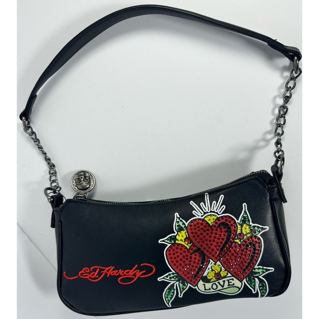 Ed Hardy Black Shoulder Bag Crossbody Hearts Rhinestone Skull Y2k Purse